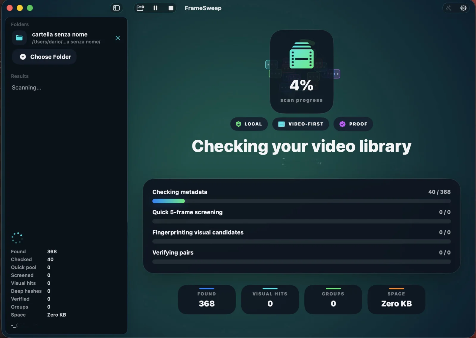 FrameSweep durante la scansione della libreria video
