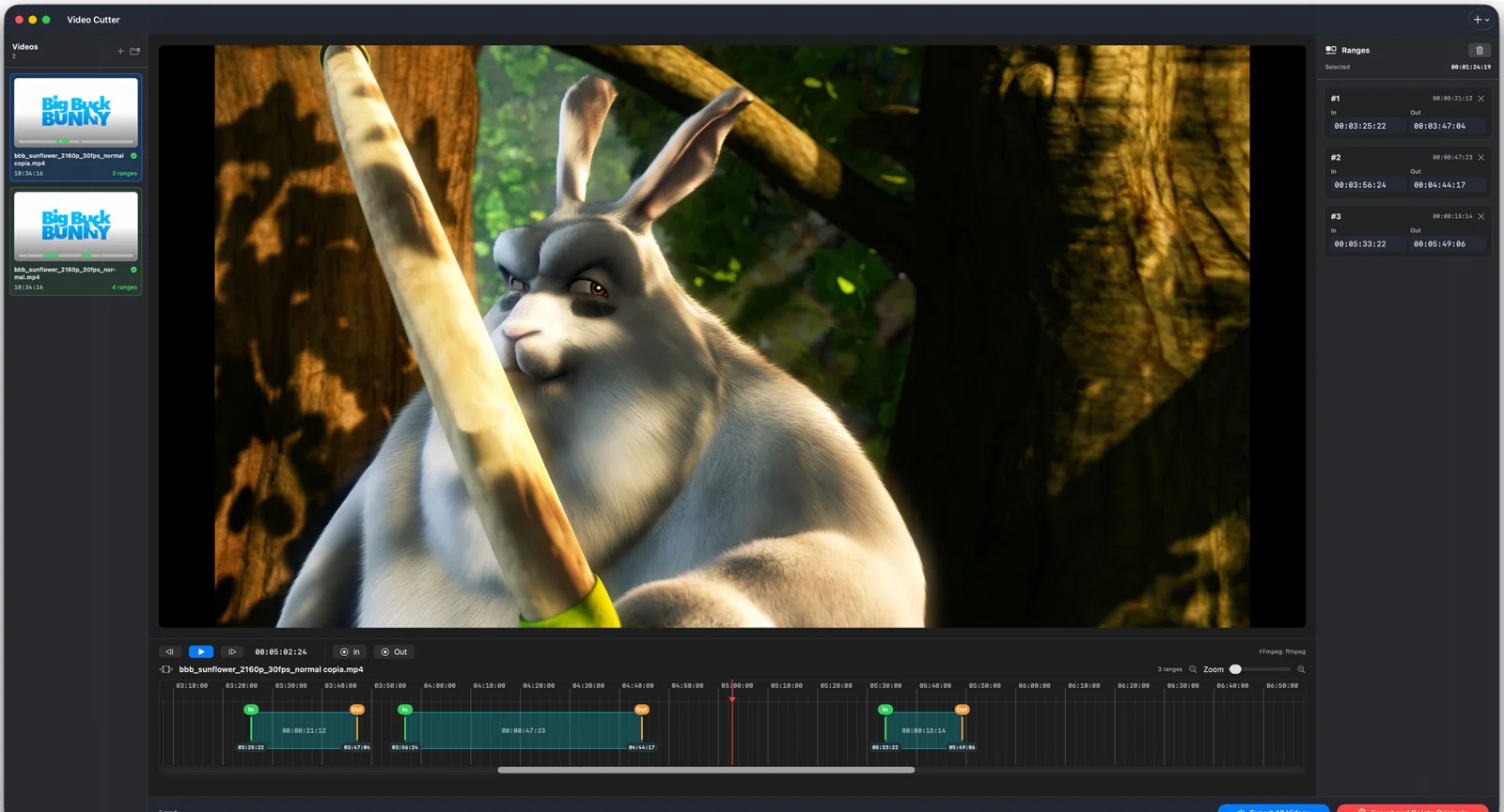 Lossless Video Cutter con un video abierto y partes seleccionadas