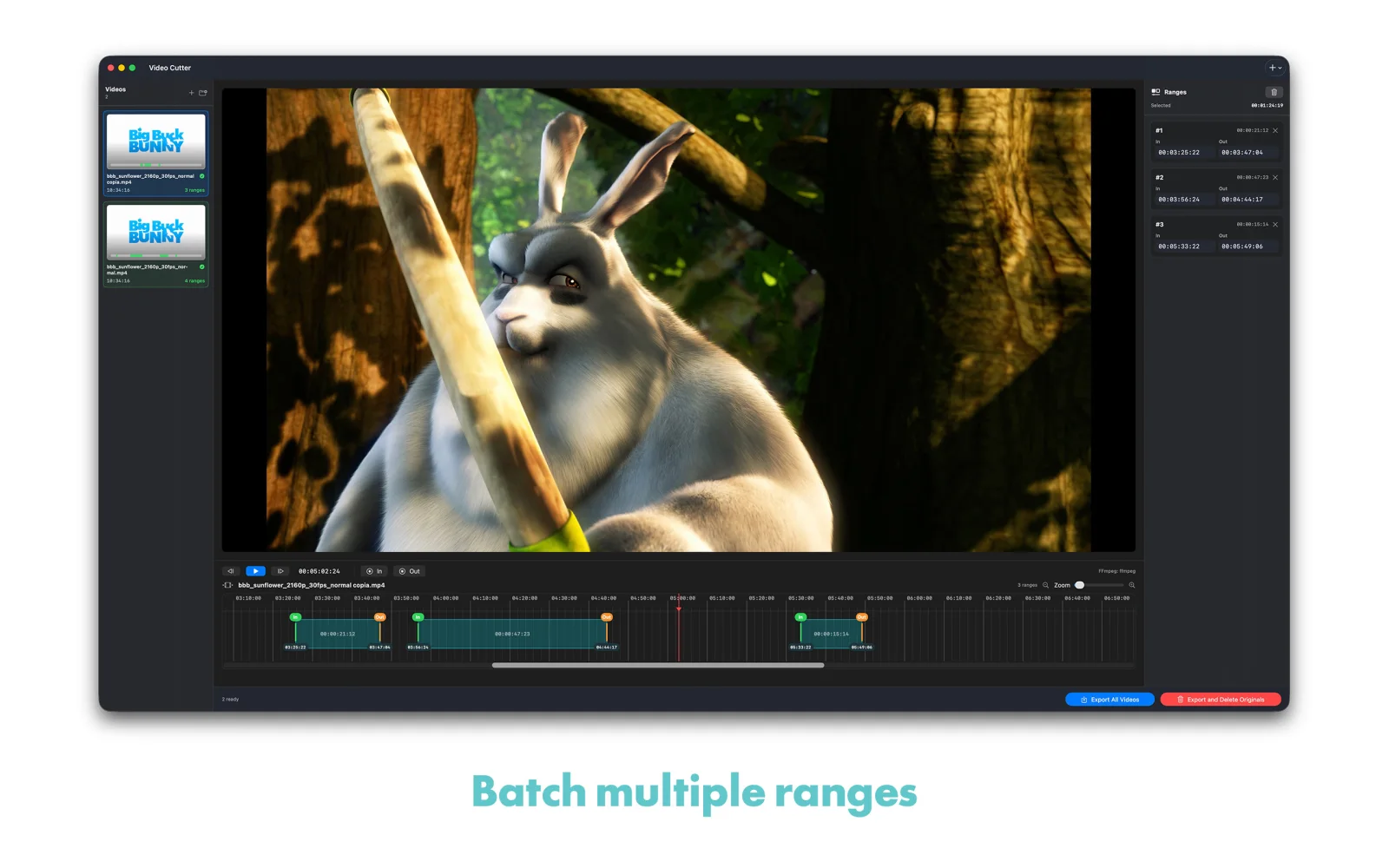 Lossless Video Cutter con varias partes seleccionadas en la línea de tiempo
