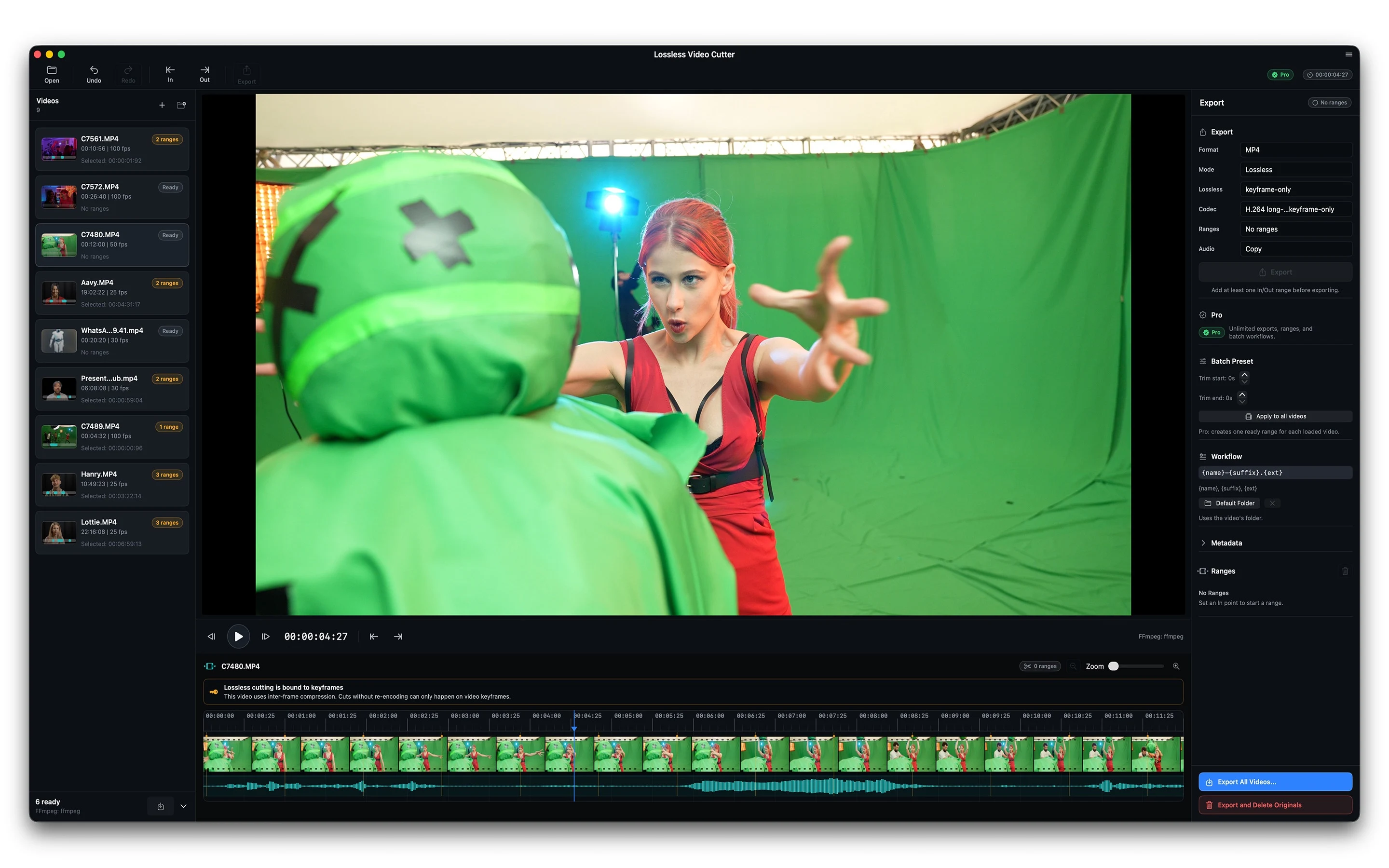 Lossless Video Cutter con più video caricati e controlli del workflow di export