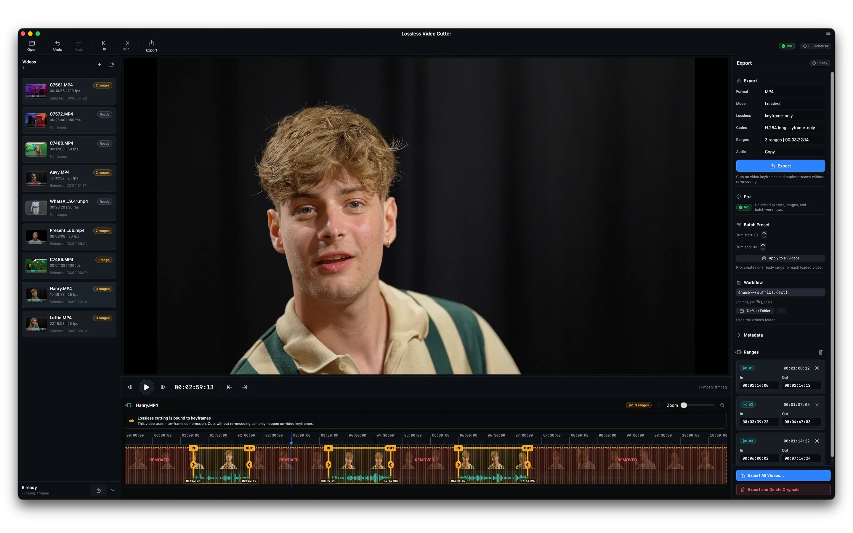 Lossless Video Cutter con range selezionati sulla timeline e controlli export