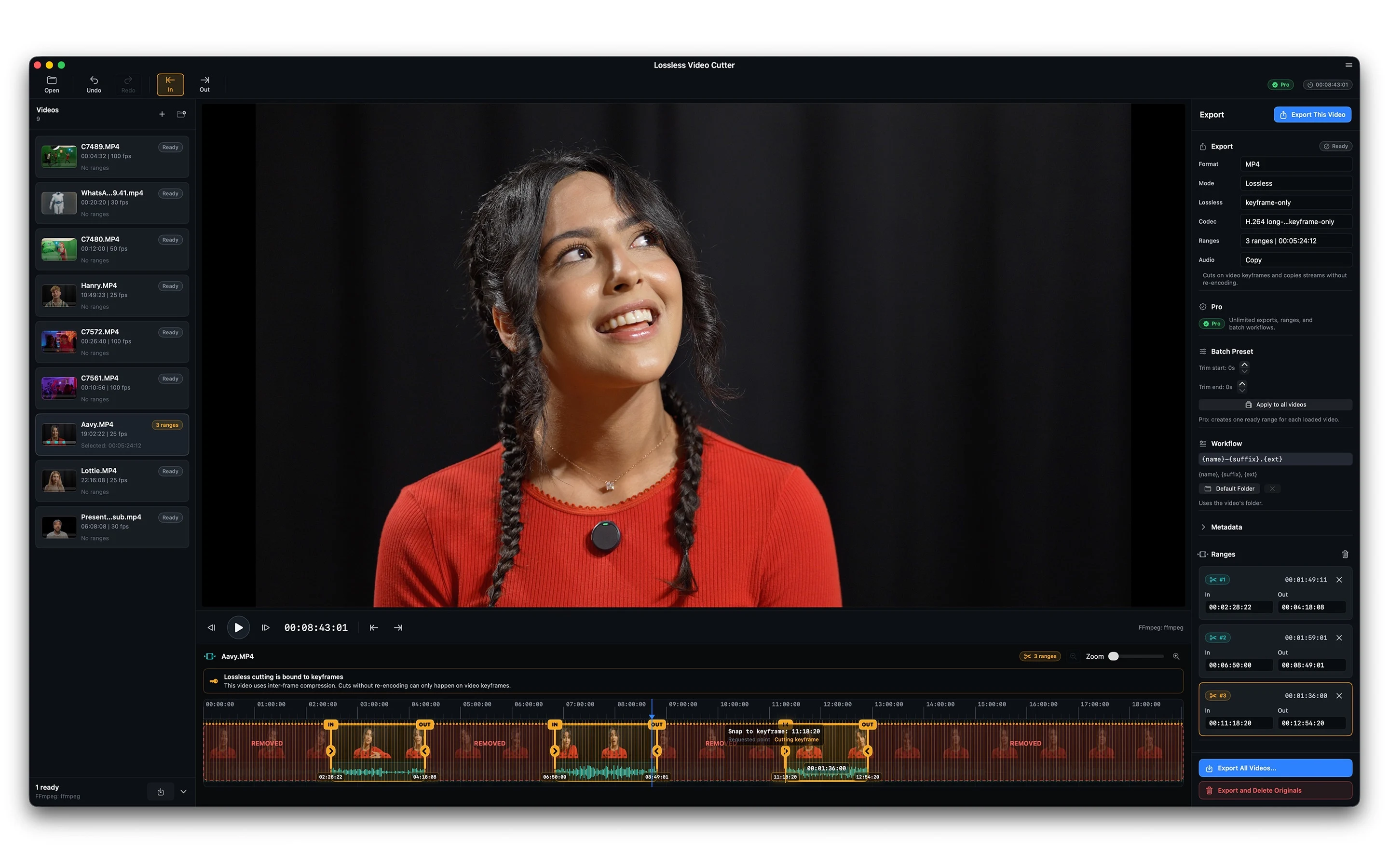 Lossless Video Cutter mentre aggancia un taglio a un keyframe compatibile sulla timeline