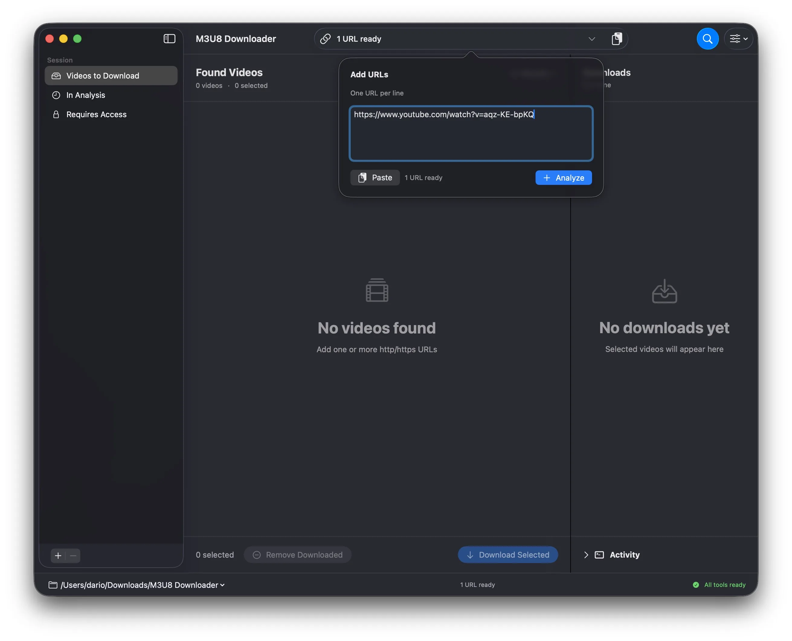 Dialog von M3U8 Downloader zum Hinzufügen einer oder mehrerer Video-URLs