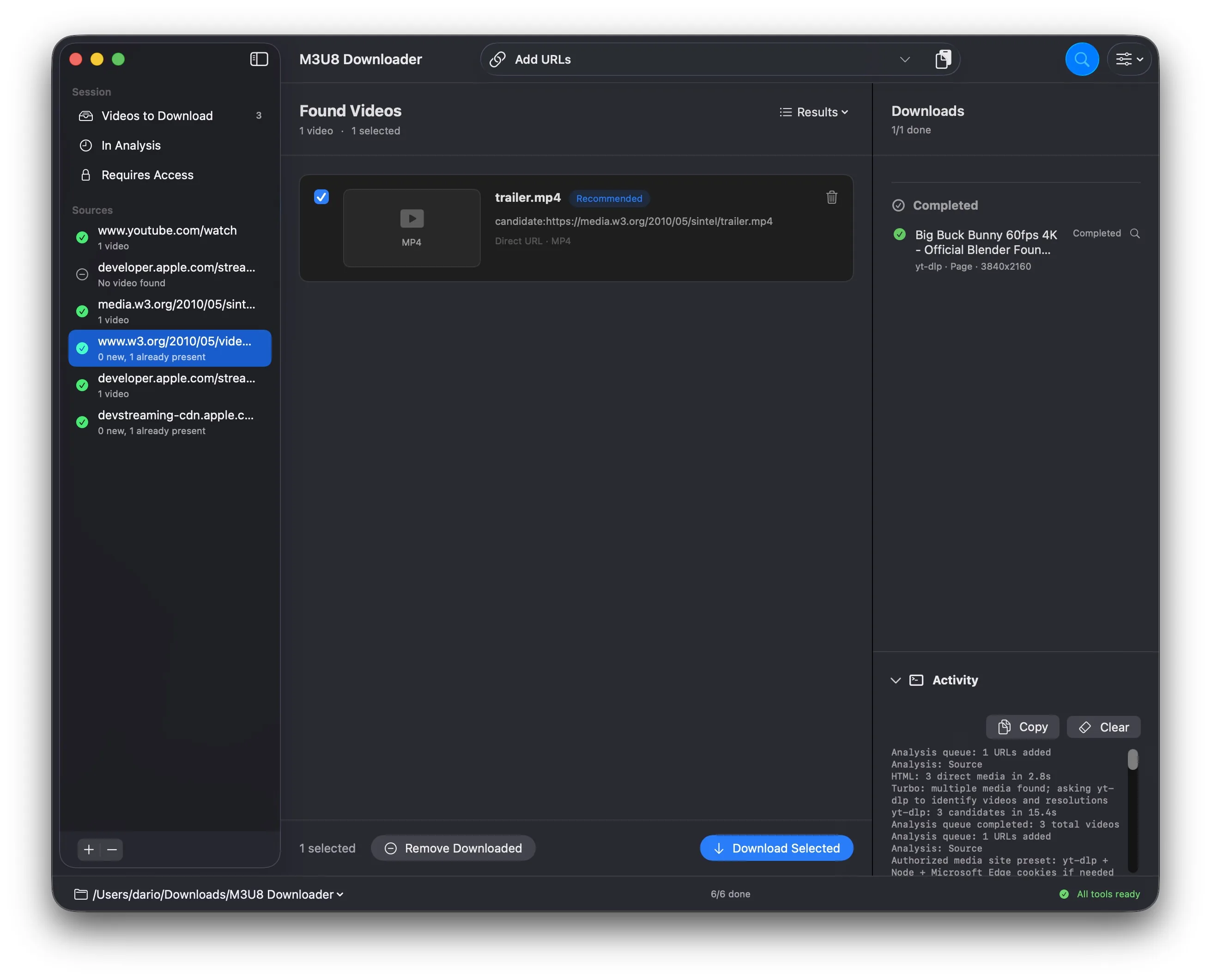 M3U8 Downloader zeigt eine direkte MP4-Quelle und das Aktivitätsprotokoll