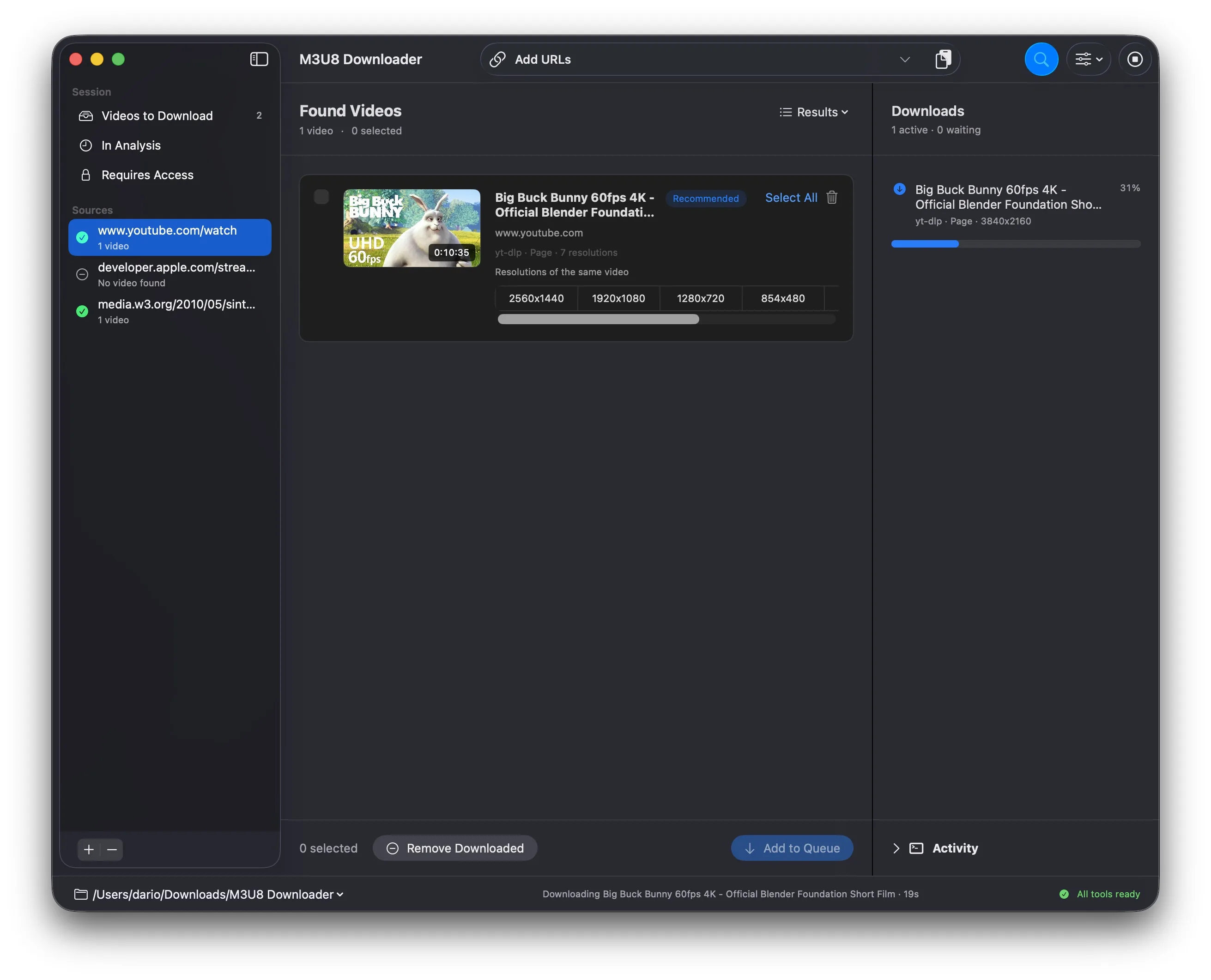 M3U8 Downloader zeigt Videoauflösungen und den Download-Fortschritt