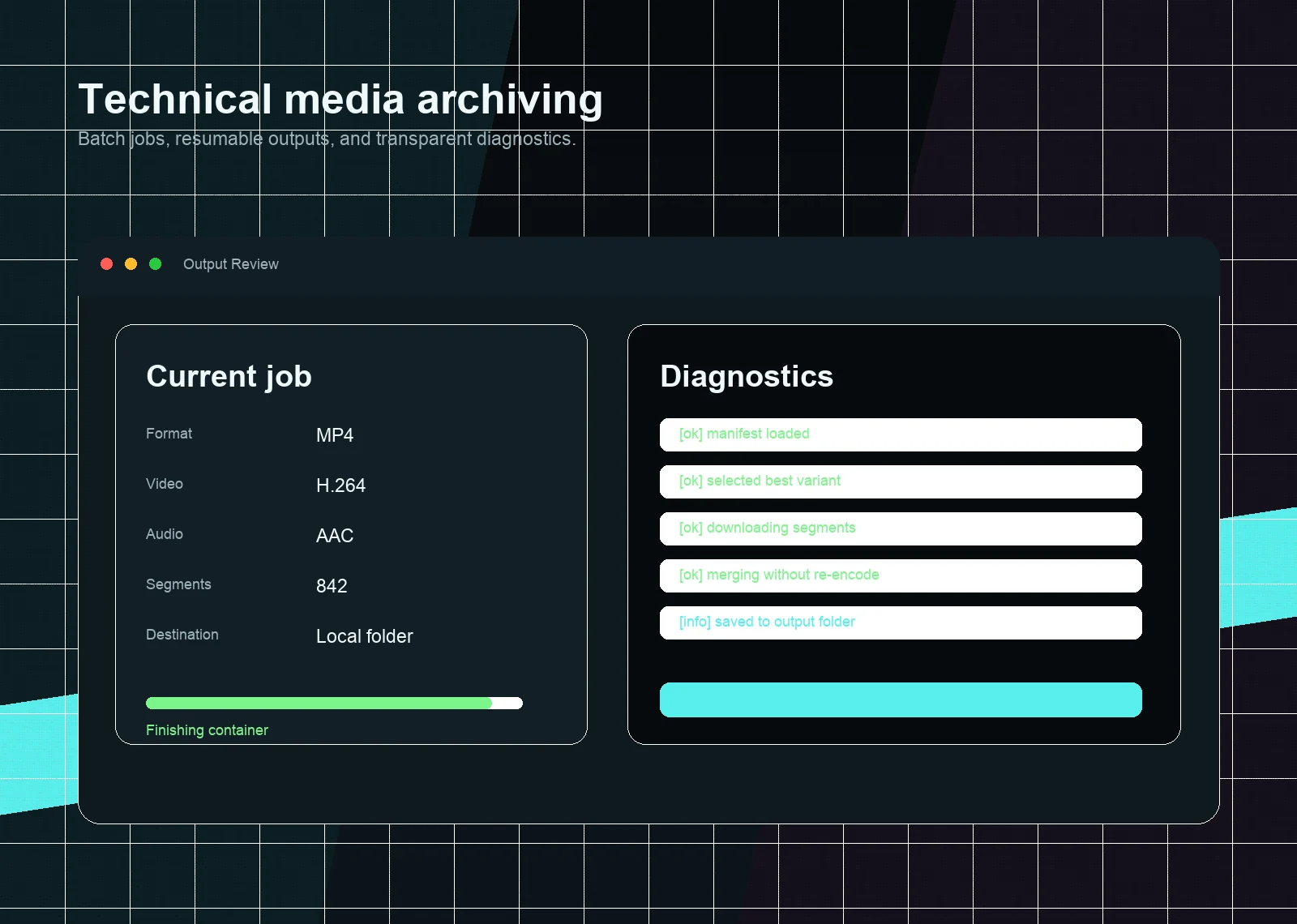 Output locale e diagnostica tecnica in M3U8 Downloader
