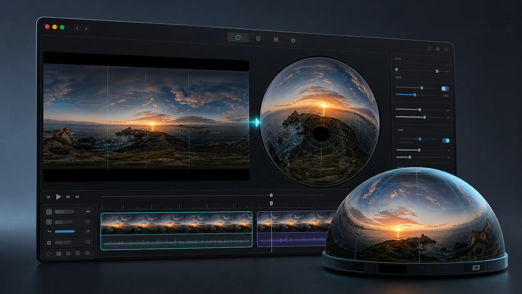 VR Converter Studio converte un video equirettangolare in una proiezione dome su Mac