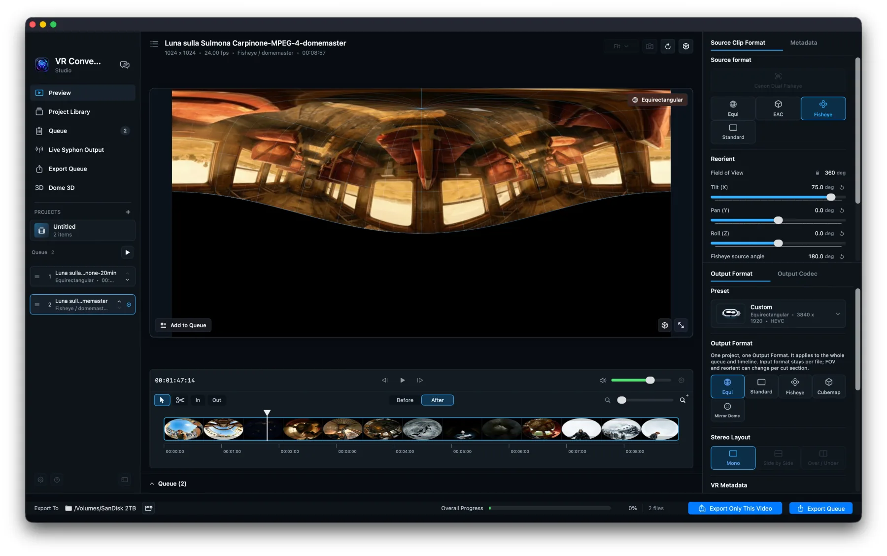 VR Converter Studio previsualiza vídeo equirectangular convertido desde una fuente fisheye