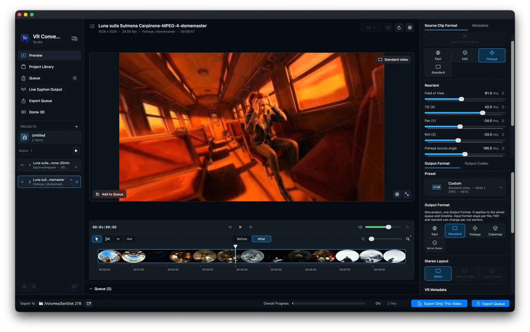 VR Converter Studio convierte vídeo fisheye domemaster a vídeo estándar en Mac