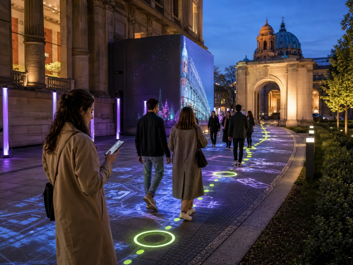 Visual concettuale di un percorso culturale con proiezioni e interazioni mobili