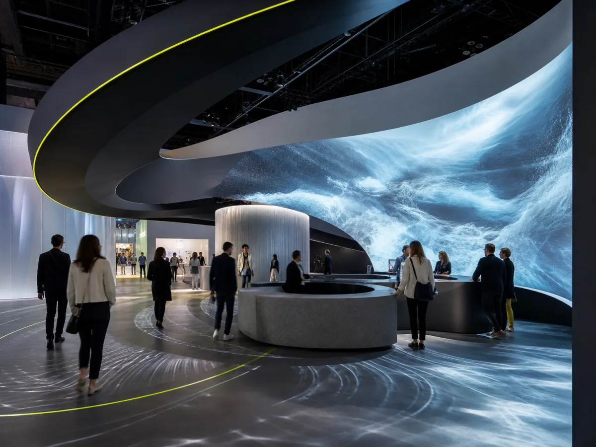 Visual concettuale di uno stand fieristico immersivo attraversato dai visitatori