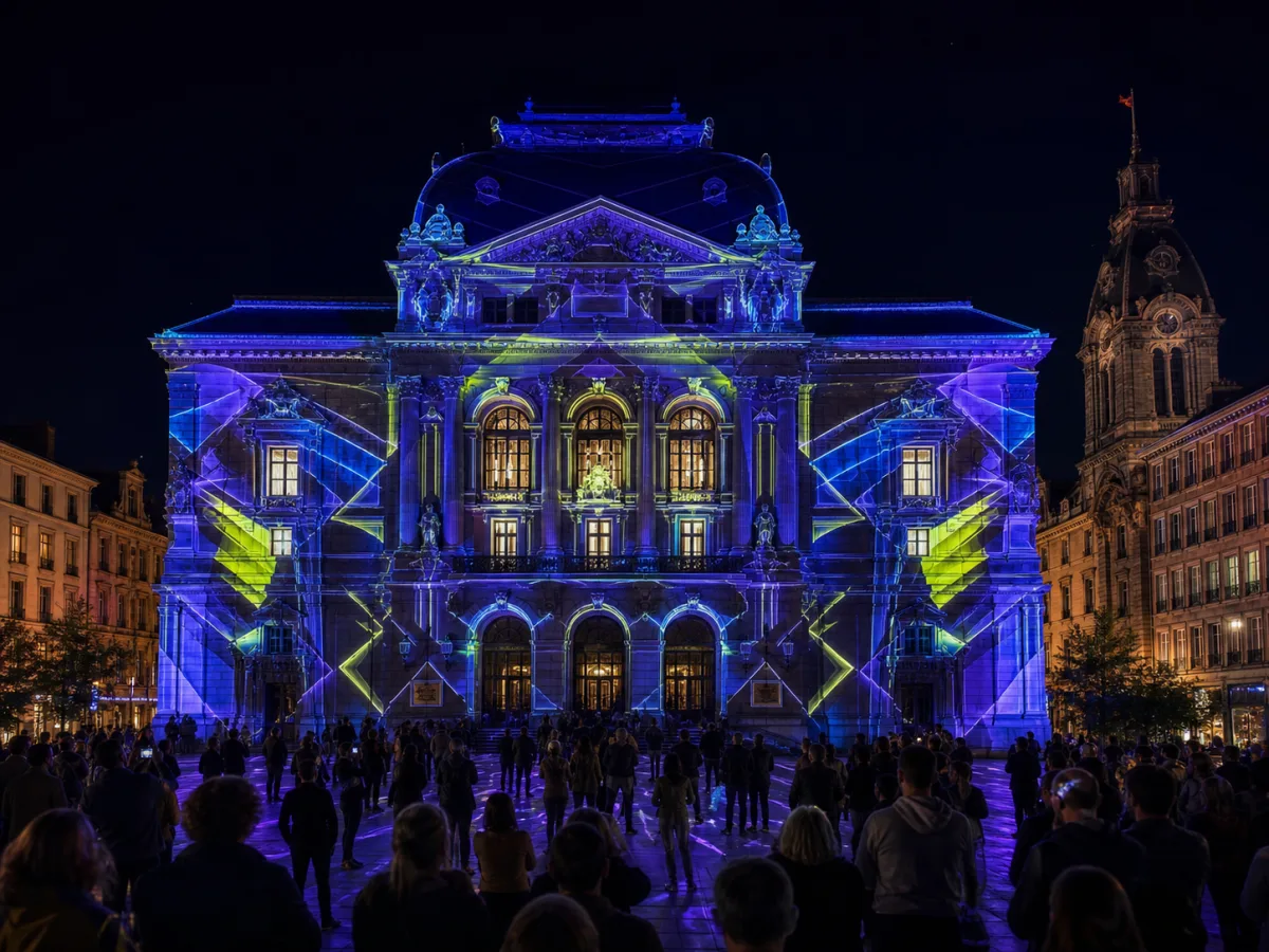 Visual concettuale di videomapping su una facciata davanti al pubblico
