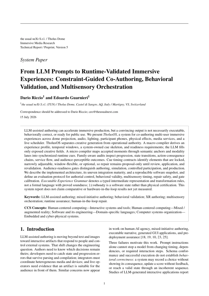 Prima pagina del paper From LLM Prompts to Runtime-Validated Immersive Experiences di Dario Riccio ed Edoardo Guarnieri