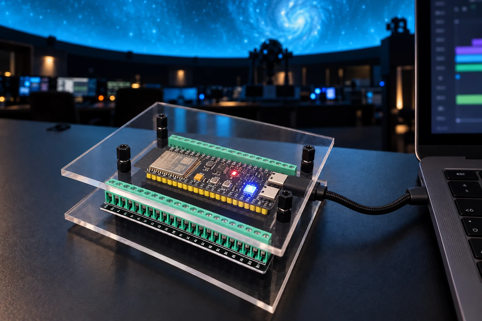 Tholus Hub con LED blu acceso e cavo USB nella regia in penombra di una cupola immersiva