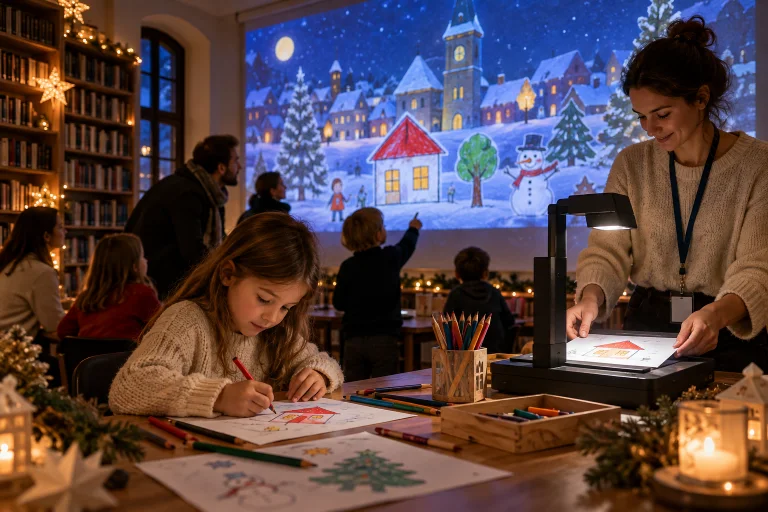 Illustration eines Workshops, bei dem Papierzeichnungen Teil eines projizierten Dorfes werden.