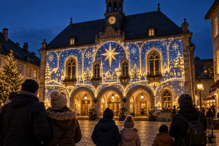 Illustration einer historischen Fassade mit Weihnachtsprojektionen vor dem Publikum.