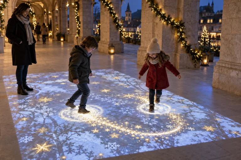 Illustration von Kindern, die unter einer Arkade Wege durch projizierten Schnee öffnen.