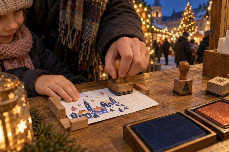 Illustration einer Weihnachtspostkarte, deren Motiv durch mehrere Stempel entsteht.