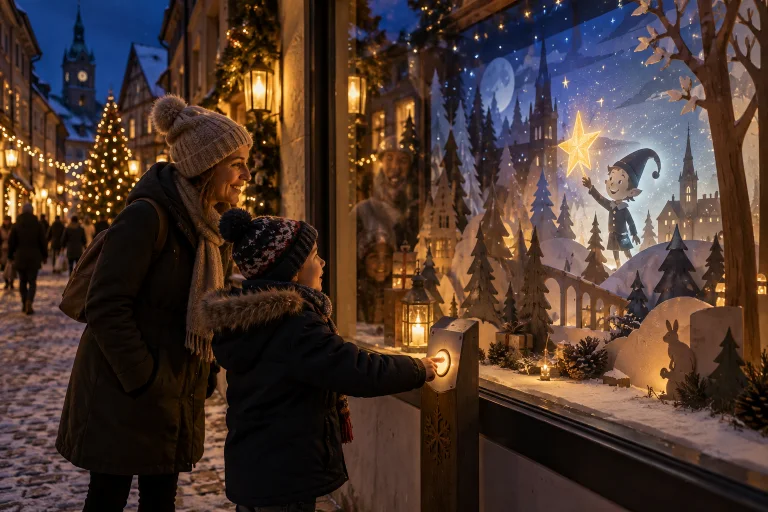 Illustration eines Kindes, das eine Weihnachtsszene in einem Schaufenster auslöst.