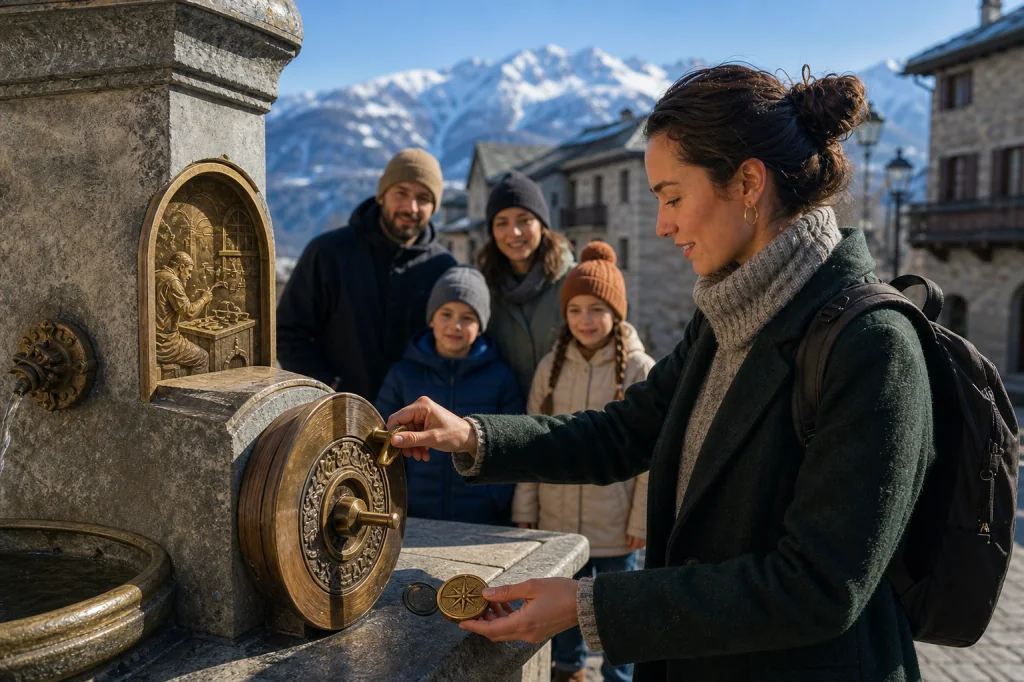 Una visitante usa la StoryKey para activar una etapa en la fuente del pueblo