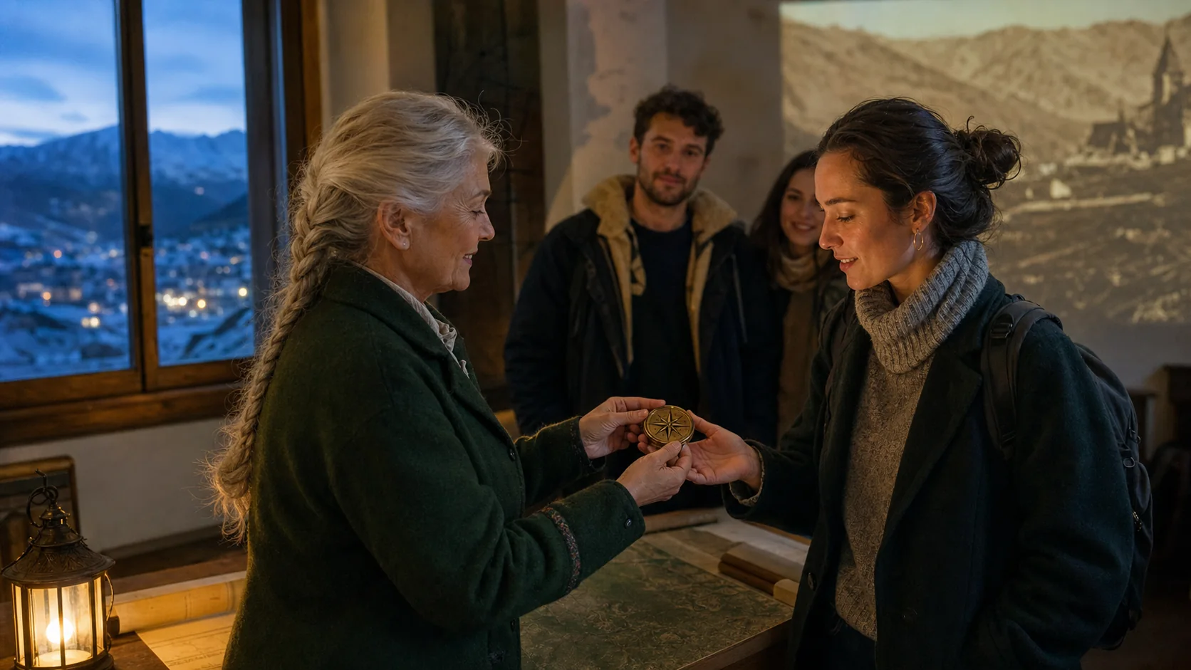 Una cartógrafa entrega la StoryKey a la visitante protagonista del viaje