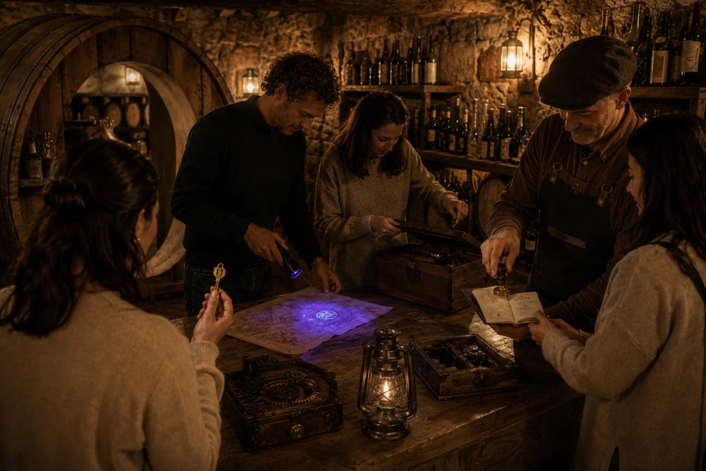 Un gruppo ricompone gli indizi raccolti attorno a una mappa illuminata in una cantina storica