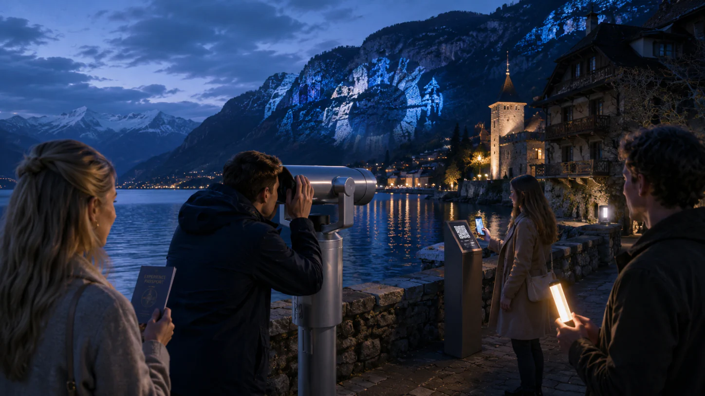 Visitatori scoprono il territorio tra una StoryKey, un binocolo panoramico e immagini proiettate nel paesaggio
