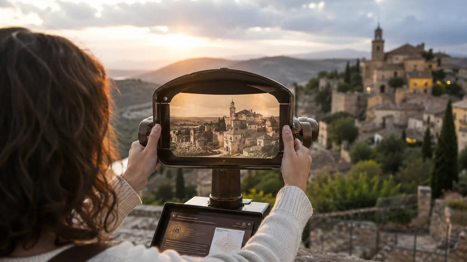 Una visitante contempla el pueblo histórico a través del visor temporal de Experience Passport