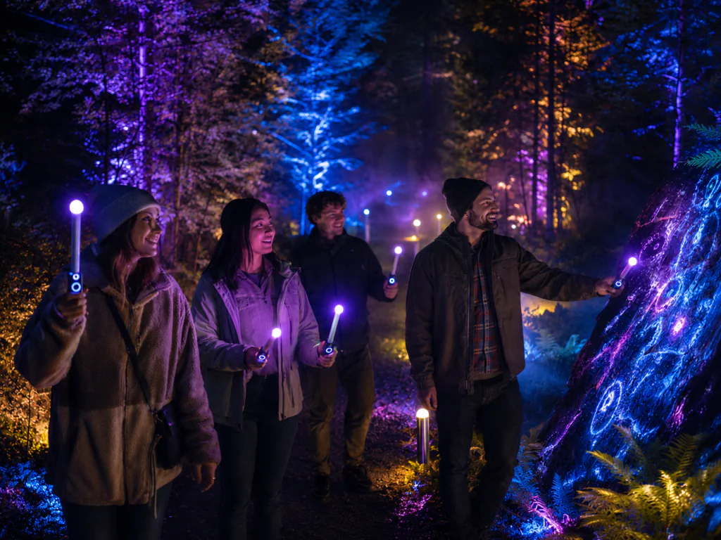 Quattro visitatori fanno reagire con la luce una scena simbolo in un bosco notturno