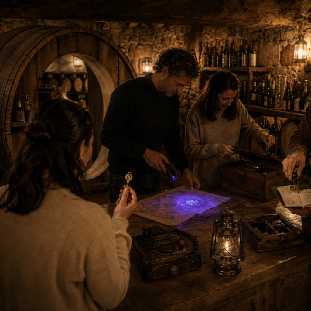 Una visitatrice tiene la StoryKey mentre il gruppo ricompone una mappa in una cantina storica