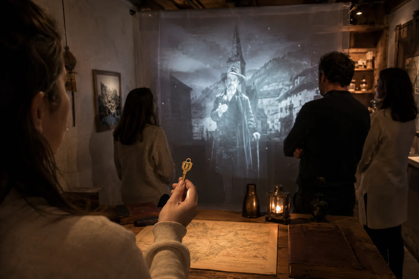 Una visitatrice con la StoryKey incontra il protagonista della storia in una scena immersiva