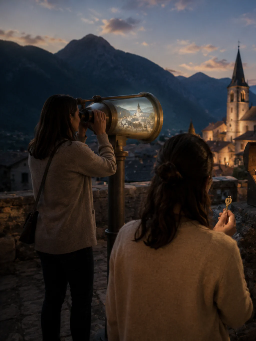 Una visitatrice osserva il borgo del passato attraverso un binocolo temporale panoramico