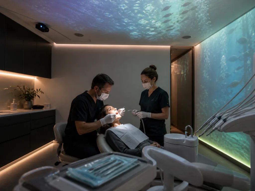 Paziente adulto durante un trattamento odontoiatrico con scena marina proiettata sul soffitto e sulla parete.