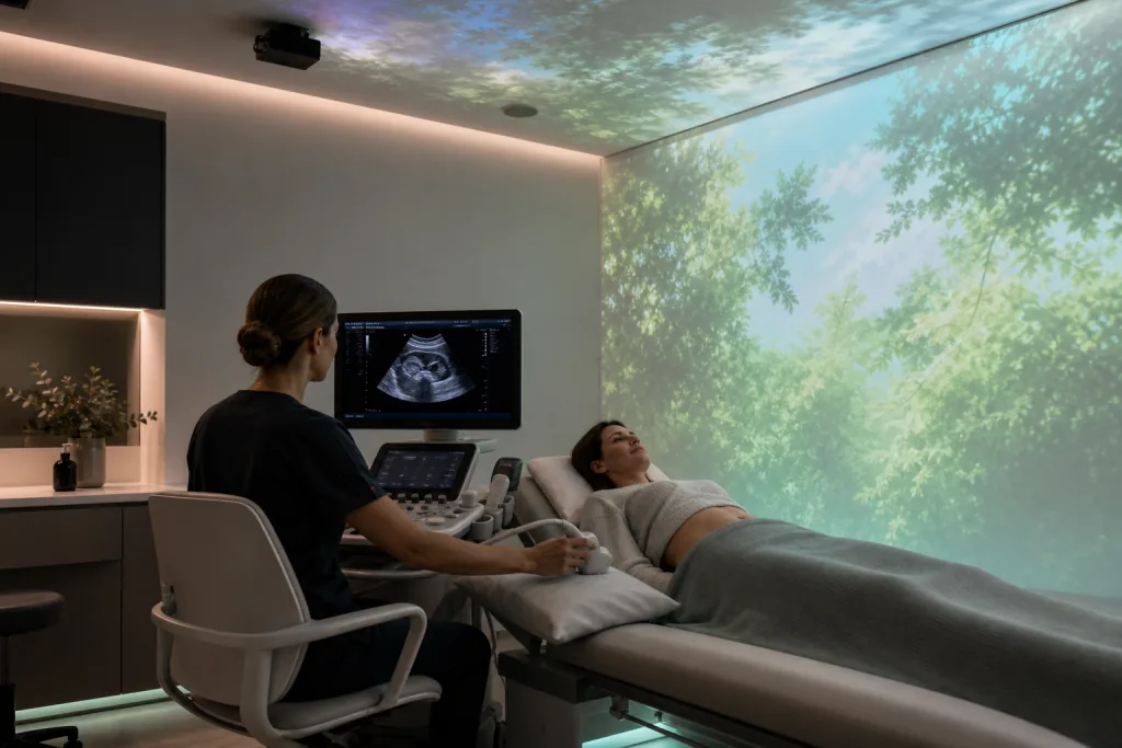 Ecografia ambulatoriale in una sala Placamen con paesaggio forestale proiettato nel campo visivo della paziente.