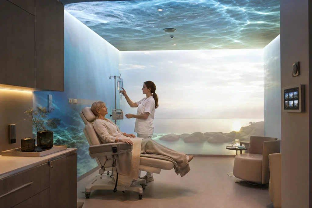Sala Placamen Immersive per infusione con tre superfici coordinate, luce dinamica e pannello locale TholusOS.
