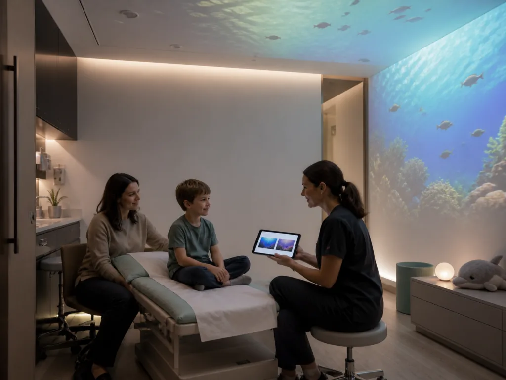Visita pediatrica con bambino, genitore e medico in una sala Placamen con ambiente marino immersivo.