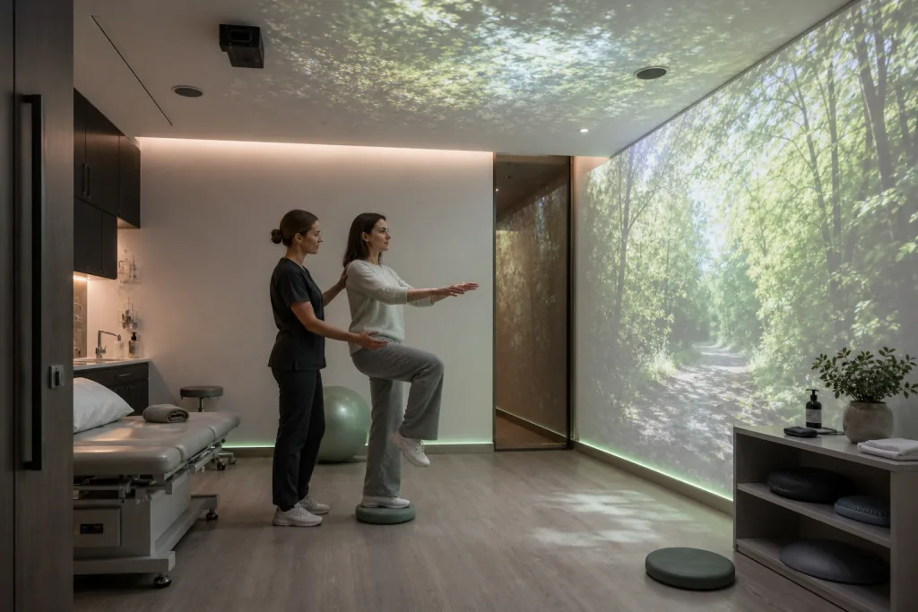 Sessione di fisioterapia con esercizio di equilibrio in un ambiente Placamen ispirato alla foresta.