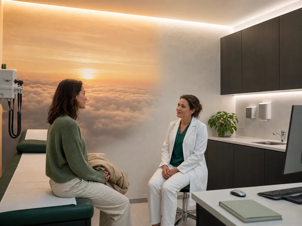 Paziente e medico concludono la visita mentre un paesaggio sopra le nuvole sfuma verso la parete neutra.