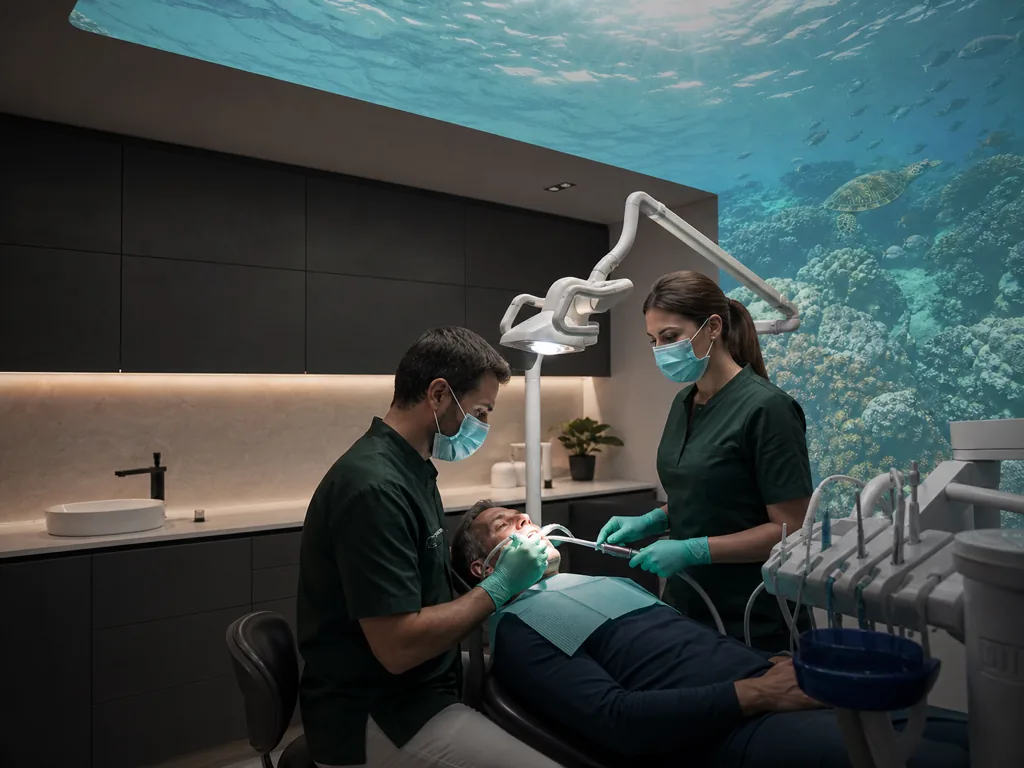 Procedura odontoiatrica con scena marina stabile proiettata sul soffitto e illuminazione clinica dedicata.