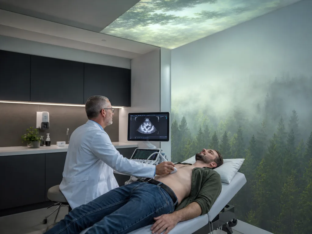 Ecografia ambulatoriale con paesaggio forestale proiettato davanti e sopra il campo visivo del paziente.
