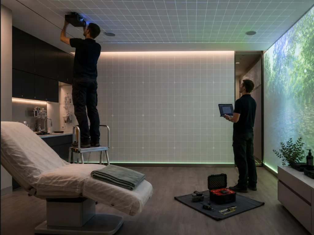 Tecnici audiovisivi installano il proiettore e calibrano parete e soffitto con una griglia geometrica.