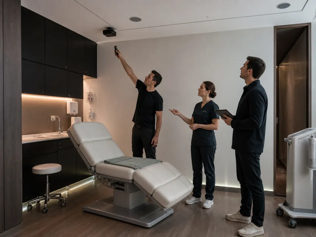 Tecnico TUN, progettista e professionista sanitario verificano misure, superfici e posizione del paziente nella sala visita.