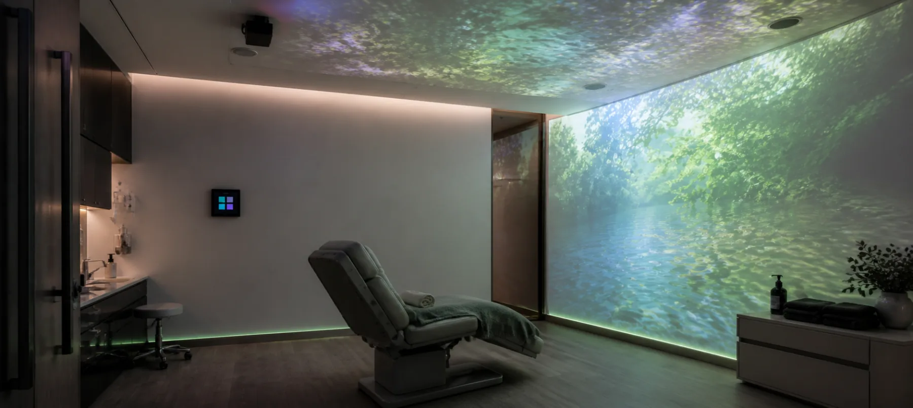 Sistema Placamen installato in una sala visita con proiezione coordinata su parete e soffitto, audio ambientale e controller locale.