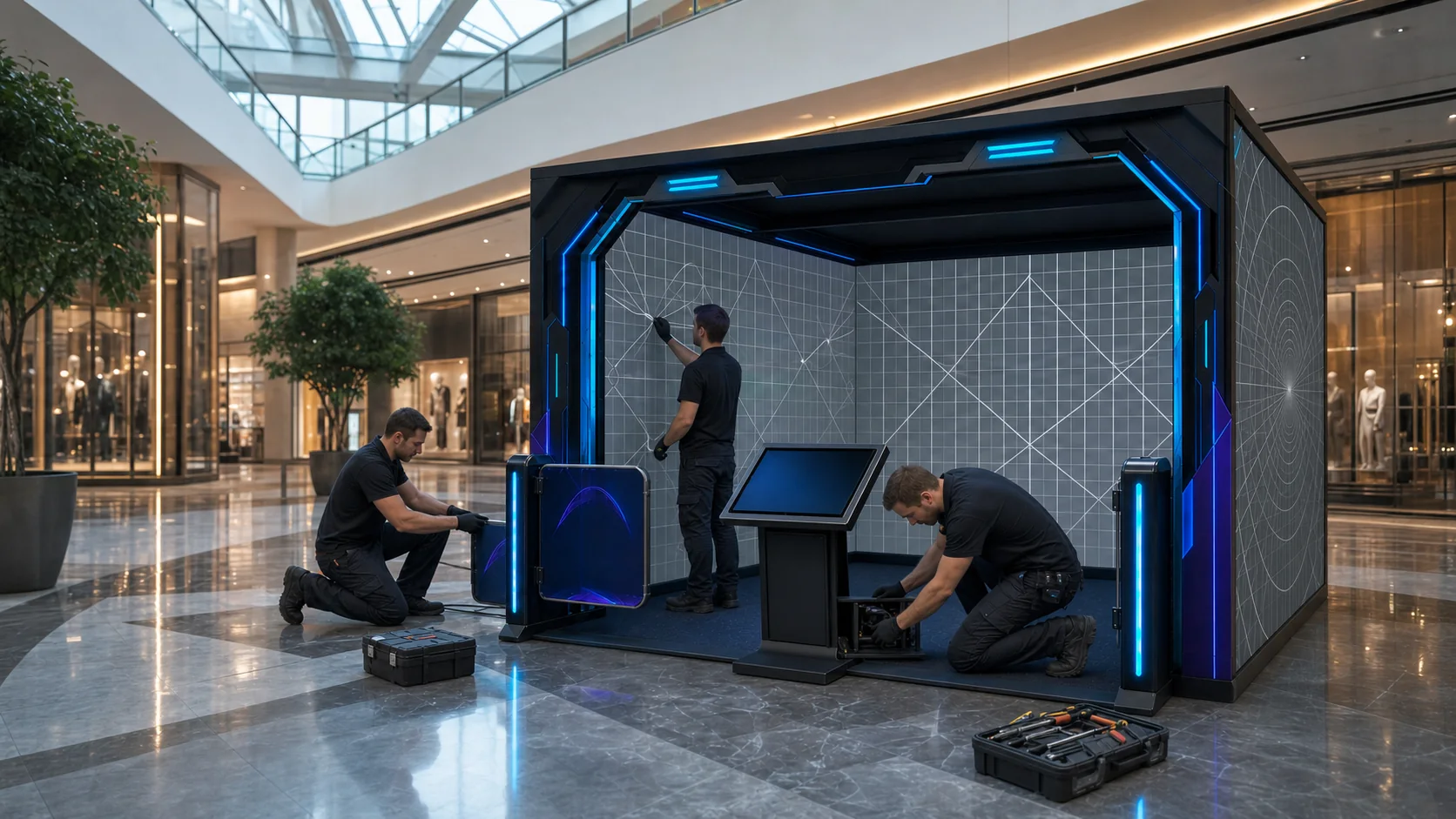 Tecnici che installano e calibrano Play Dome nella location