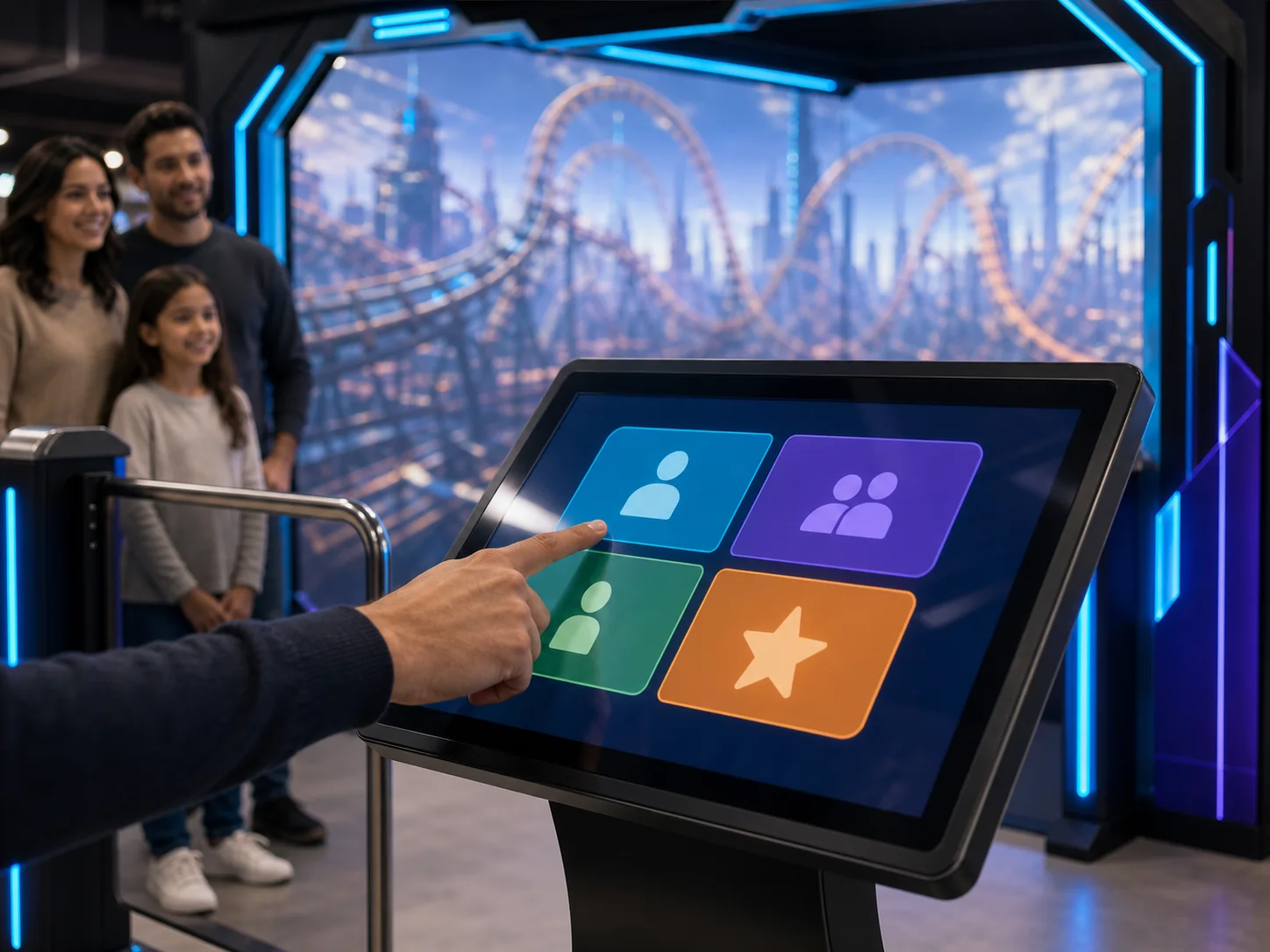 Mano sul kiosk centrale di Play Dome con il gruppo in attesa