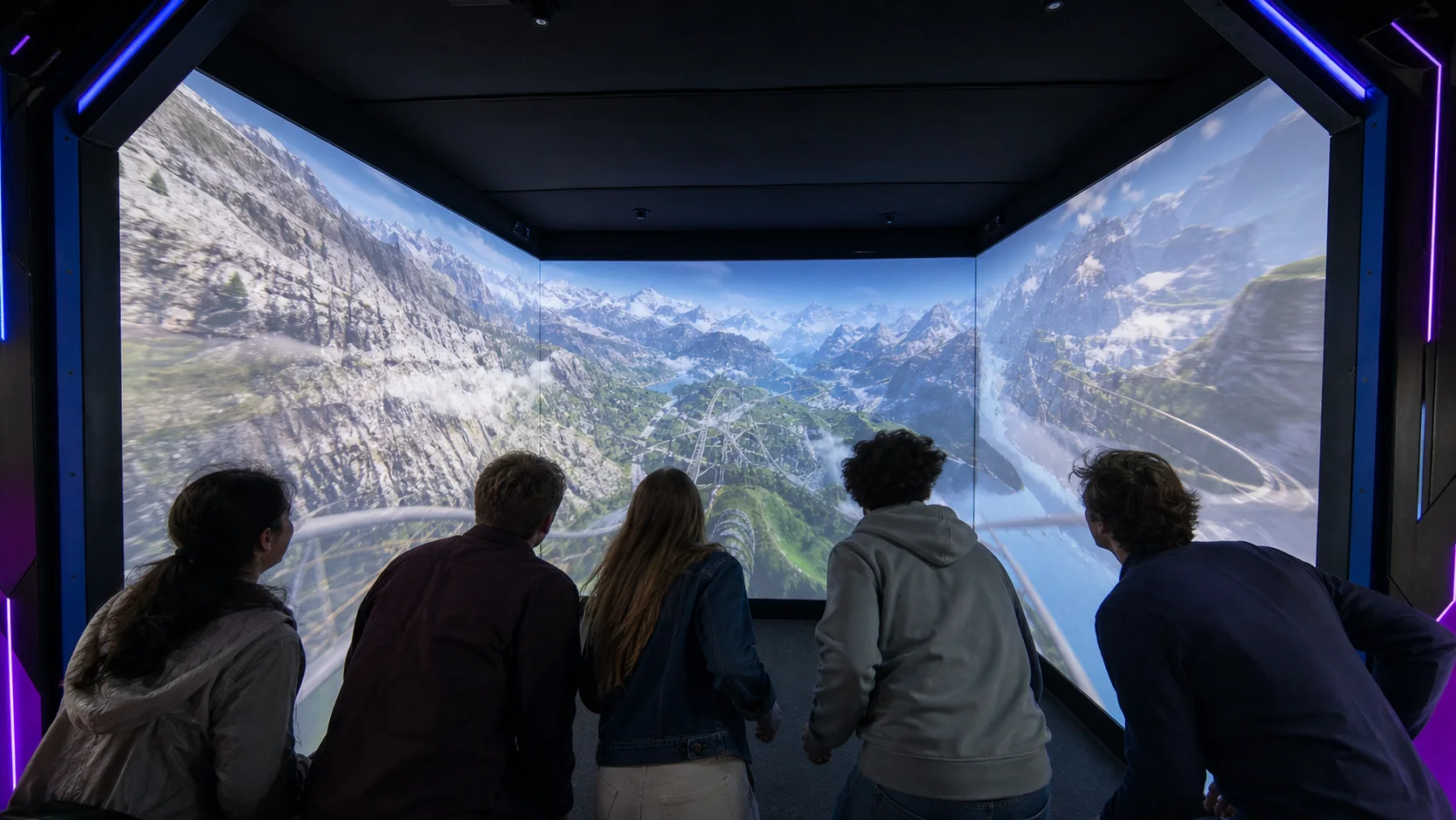 Gruppo dentro Play Dome durante una corsa immersiva proiettata su tre pareti