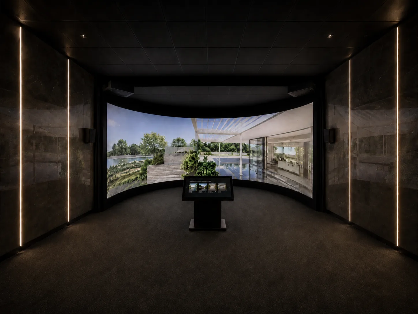 Sala immersiva per showroom di marmo e superfici con schermo curvo e kiosk per visita clienti