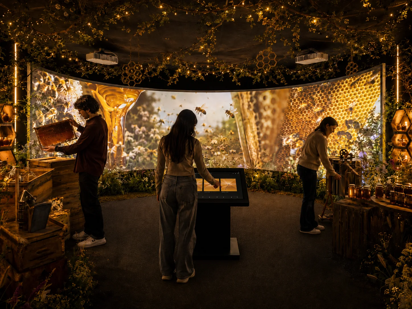 Concept Story Room per Il Dolce Alveare con telaio, smielatore, vasetti, kiosk e proiezione panoramica sull’alveare