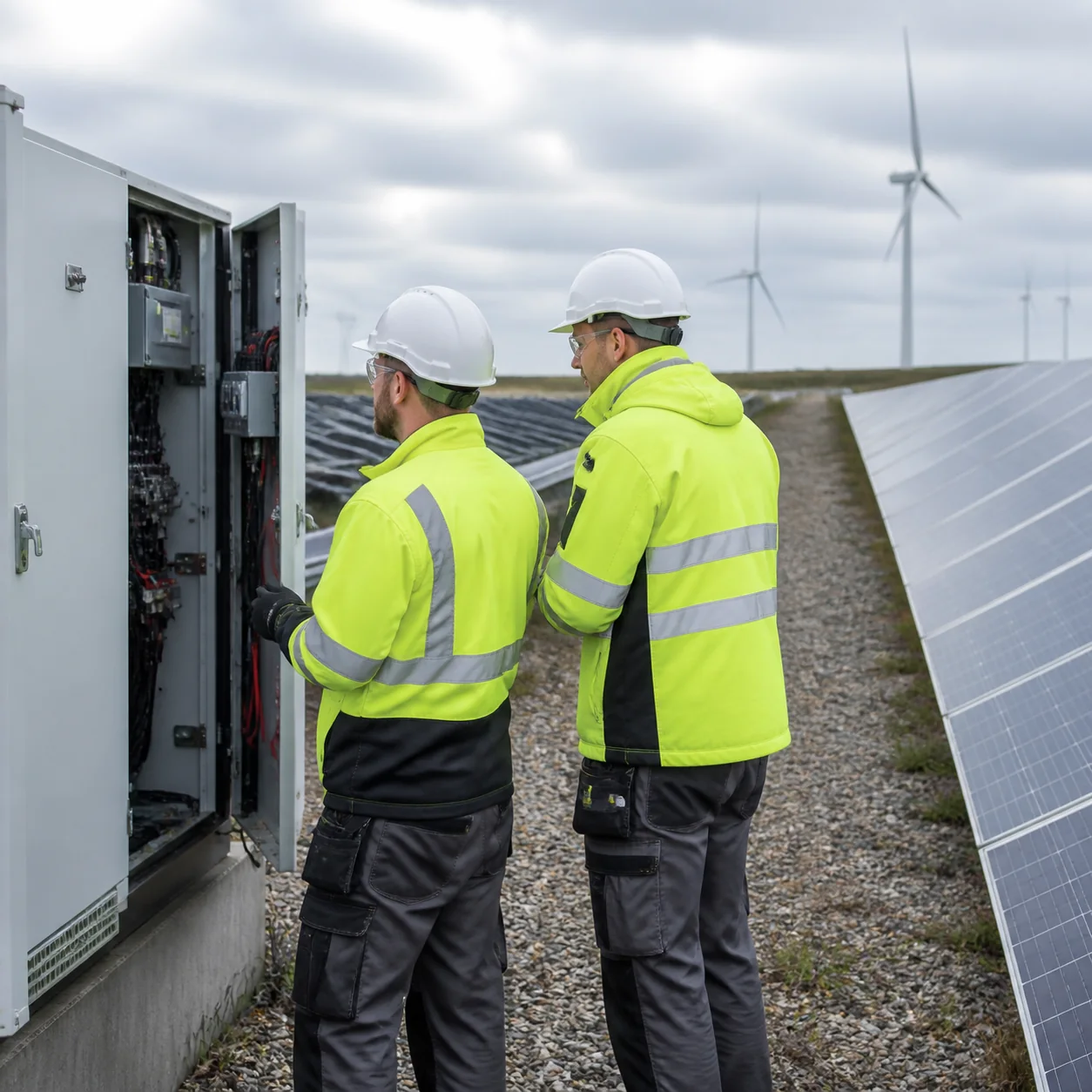 Techniker prüfen die Ausrüstung eines Solarparks mit Windturbinen im Hintergrund.