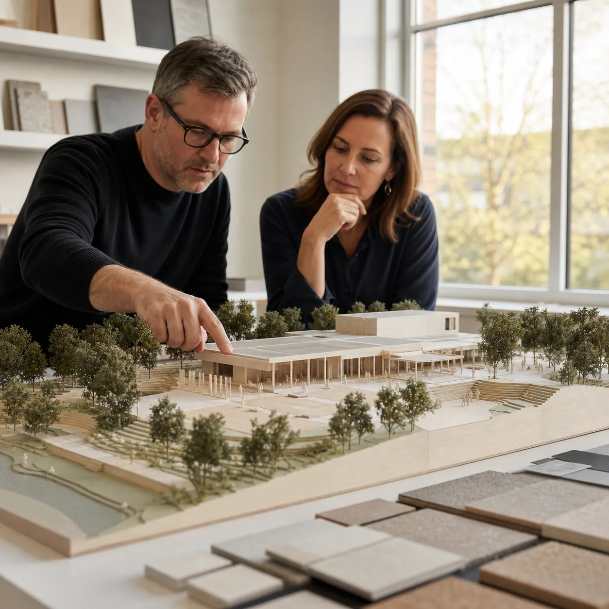 Ein Architekt und ein Kunde betrachten das physische Modell eines öffentlichen Gebäudes.